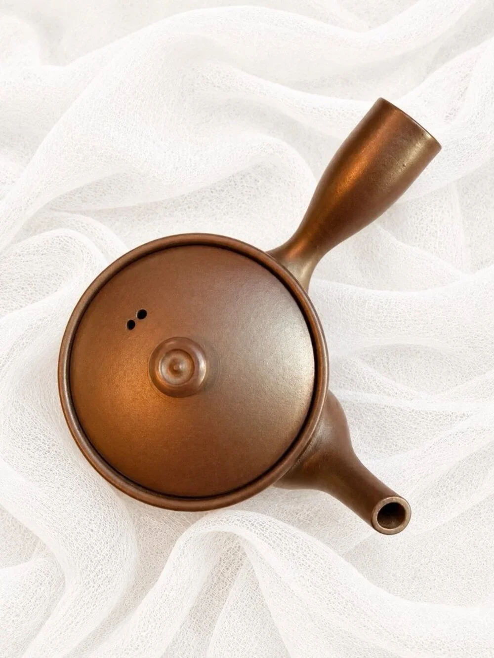 Japanese Brown Stoneware Kyusu Side Handle Teapot Mesh Strainer 6” Wide